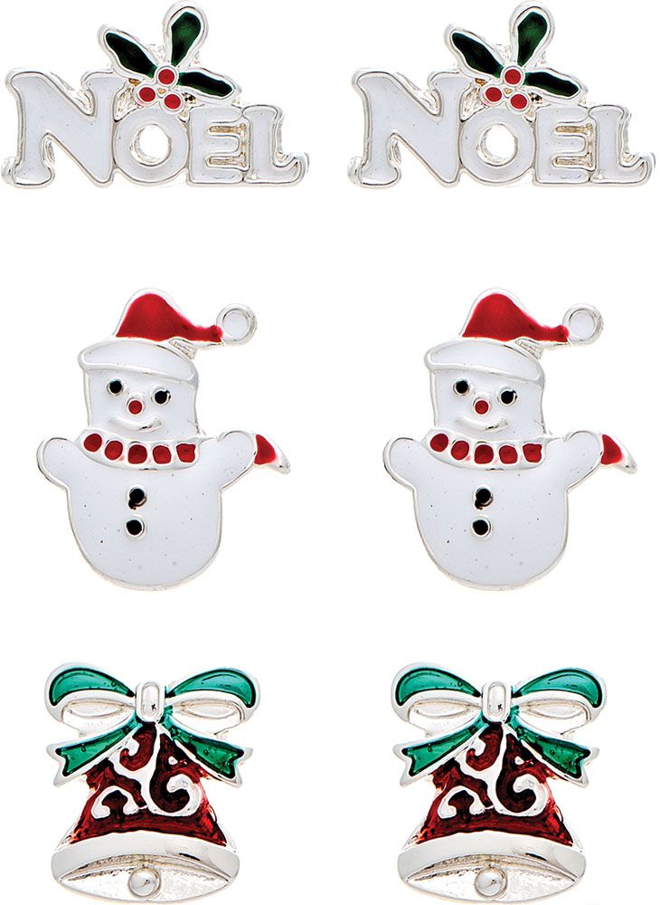 Noel Snowman Christmas Bell Post Earrings - Set of 3