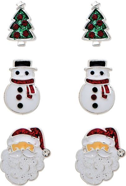 Christmas Tree Snowman Santa Enamel Post Earrings - Set of 3