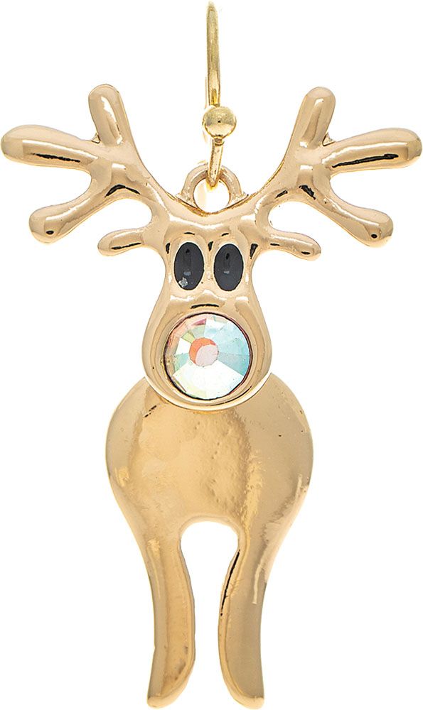 Bobble Head Aurora Borealis Gem Nose Reindeer Earrings - Gold