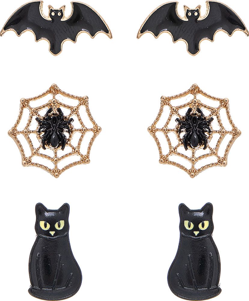 Black Bat Web Cat Halloween Post Earrings - Set of 3