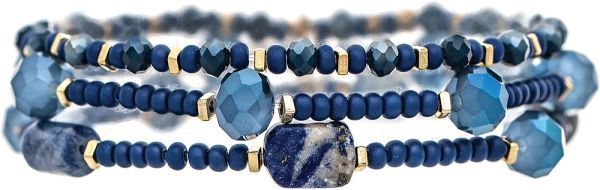 Sodalite Beads Three Piece Bracelet Set - Gold/Blue