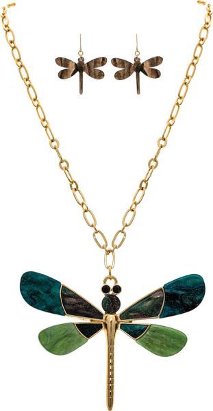Sparkle Green Acrylic Dragonfly Necklace Set - Gold