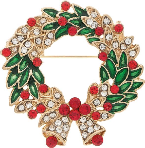 Crystal Open Wreath Pin - Green/Gold