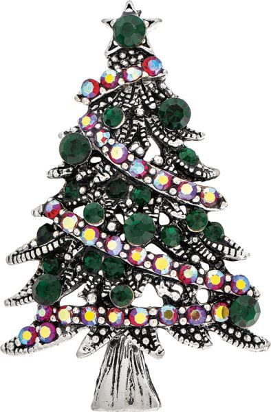 Green Crystal Christmas Tree Pin - Silver