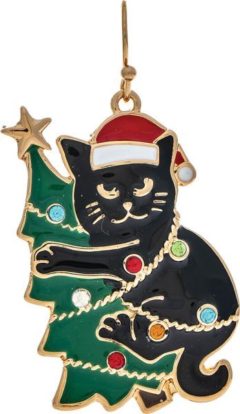 Christmas Tree Climbing Cat Earrings - Black/Gold