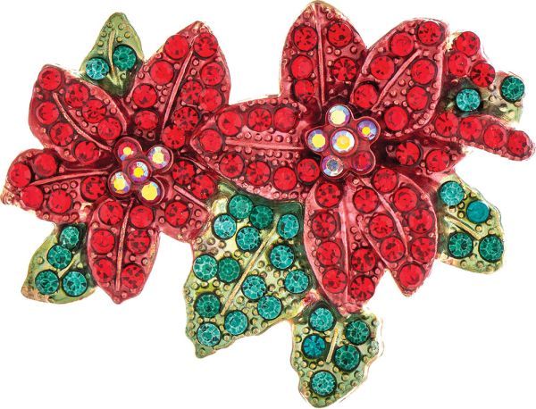 Red and Green Crystal Encrusted Poinsettia Pin - Gold