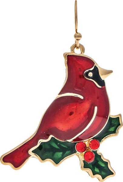 Cardinal On Holly Branch Enamel Earrings - Gold/Red