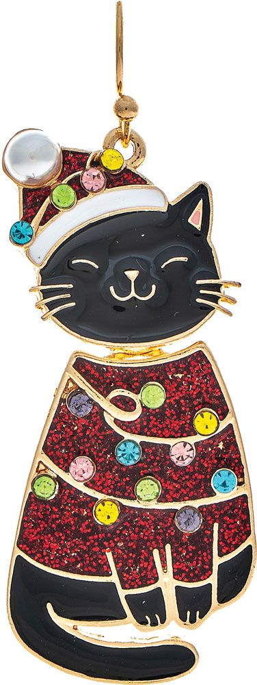 Red Sweater Cat Bobble Holiday Lights Earrings - Gold