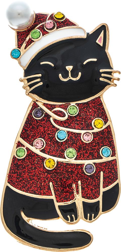 Red Sweater Cat Bobble Holiday Lights Pin - Gold