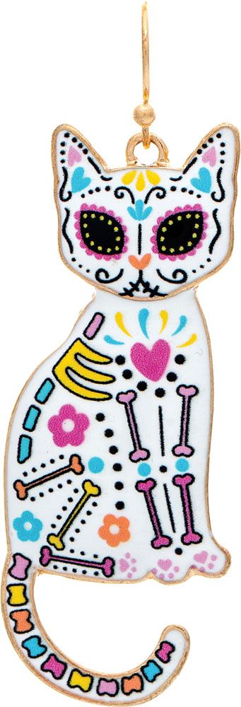 Bright Multi Enamel Calavera Kitty Earrings - Gold/White