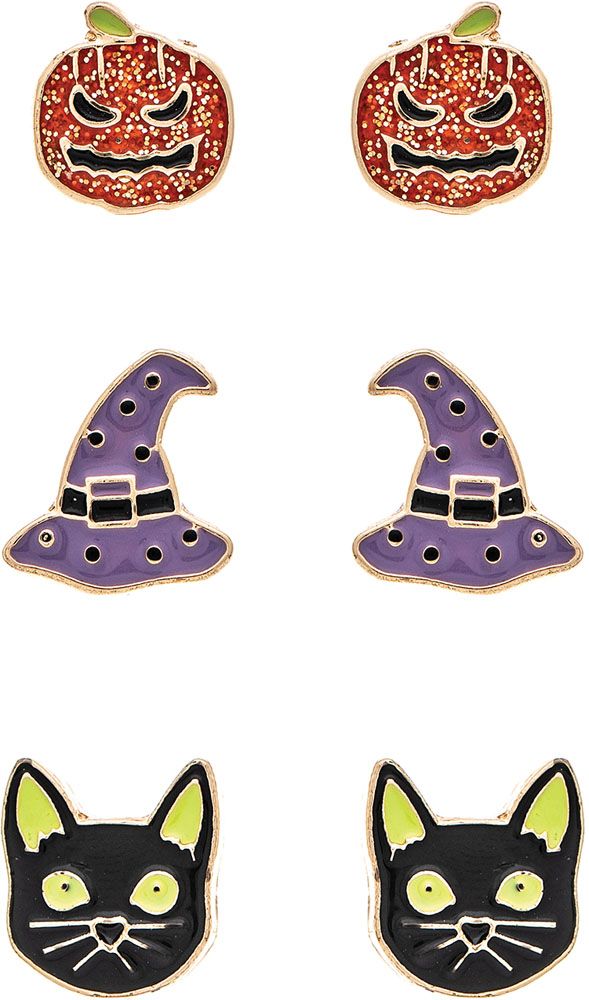 Pumpkin Witch Hat Black Cat Post Earrings - Set of 3