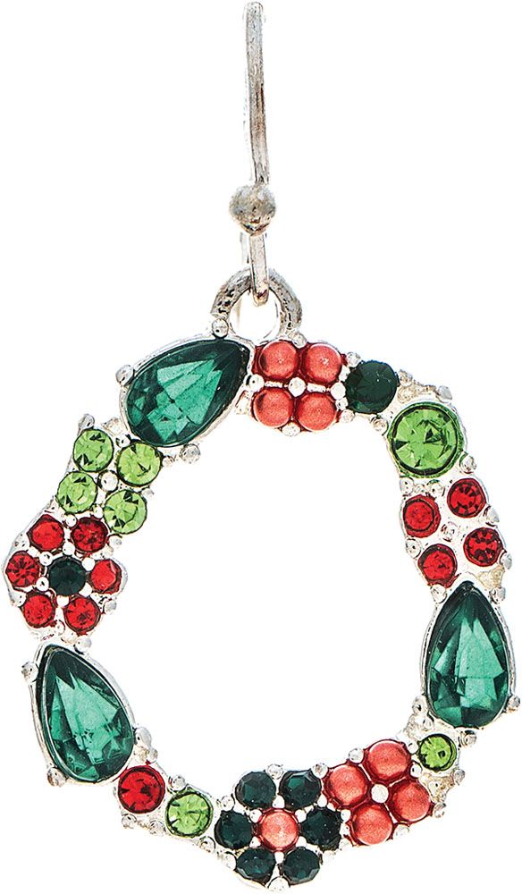 Green and Red Crystal Christmas Wreath Earrings - Silver