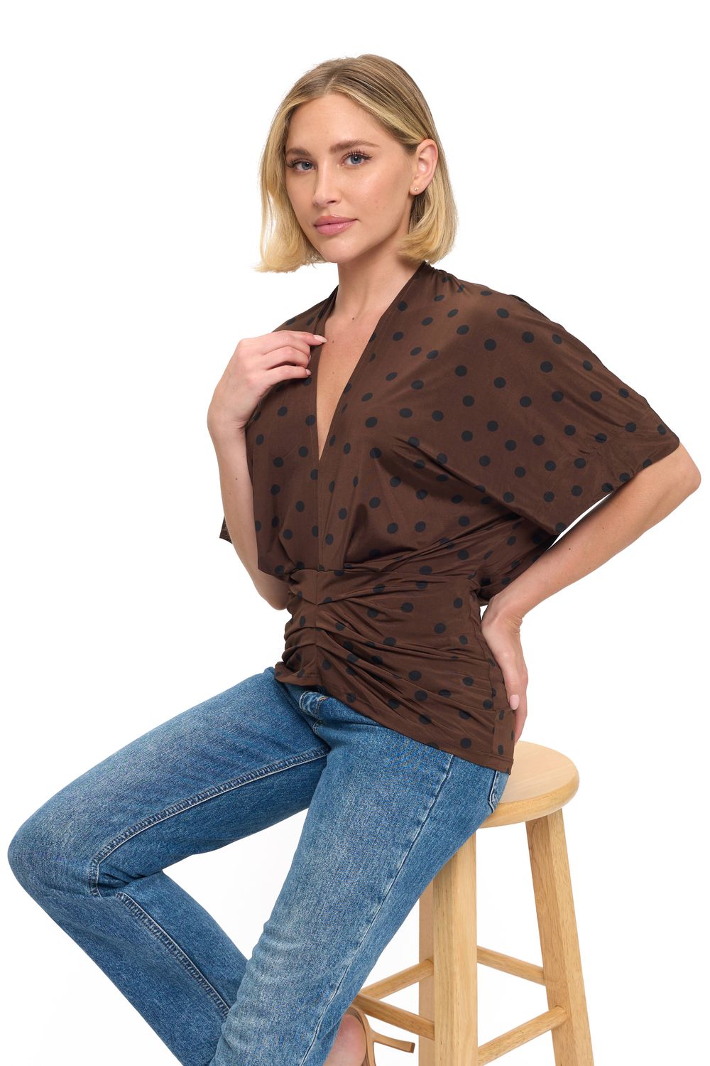 Ruched Waist V-Neck, Color: Brown/Black, Size: Small