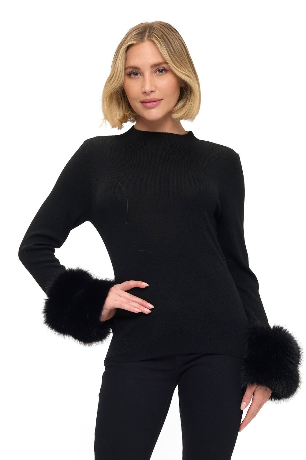 Removable Faux Fur Cuff Sweater, Color: Black, Size: X-Small