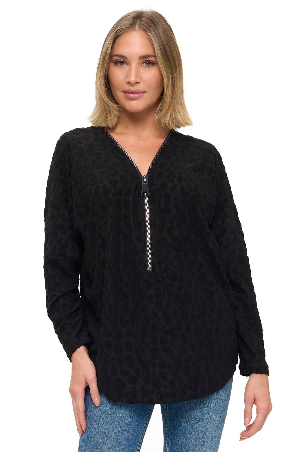 Dolman Sleeve Zipper Top - K520, Color: Black, Size: Small