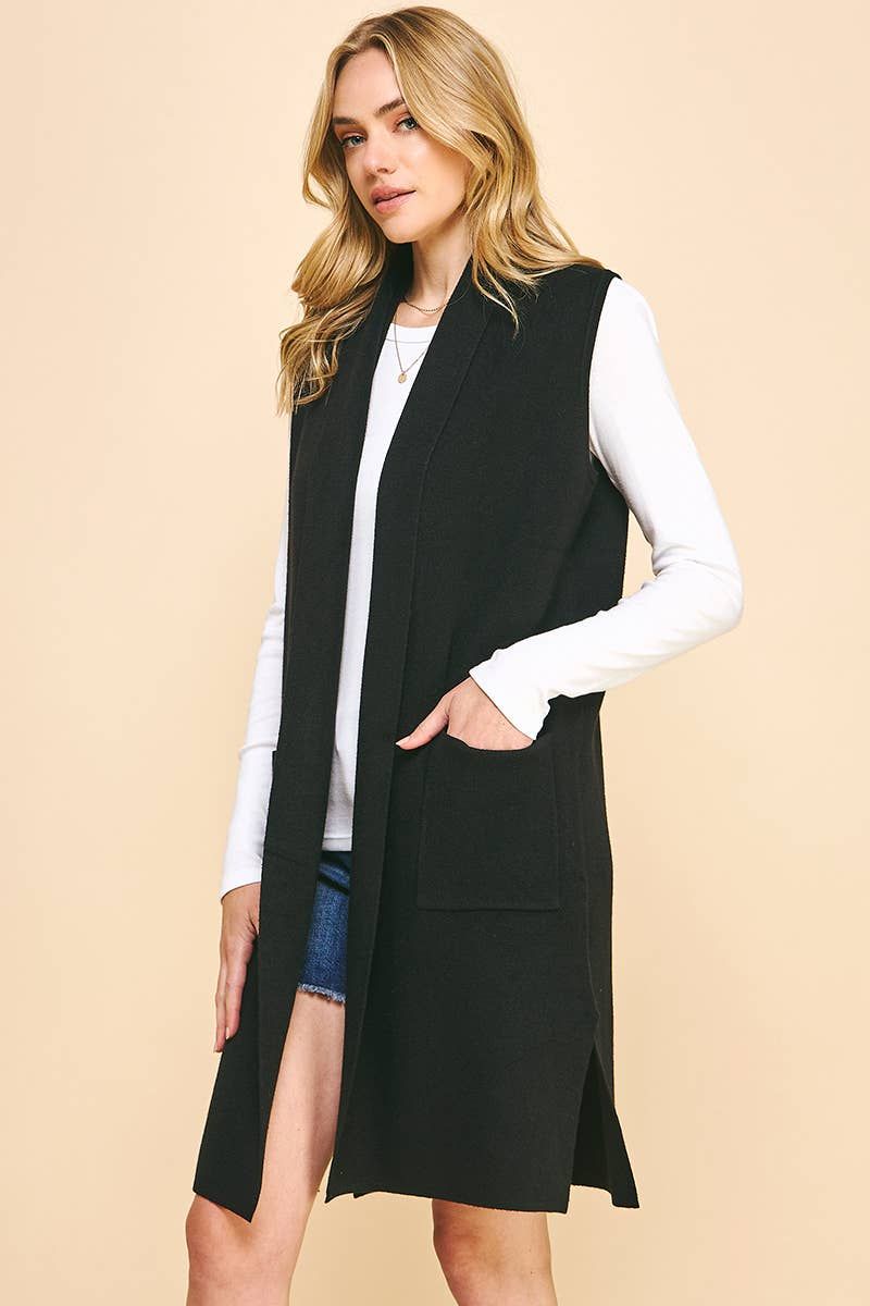 Sleeveless Open Knitted Cardigan, Color: Black, Size: Small/Medium