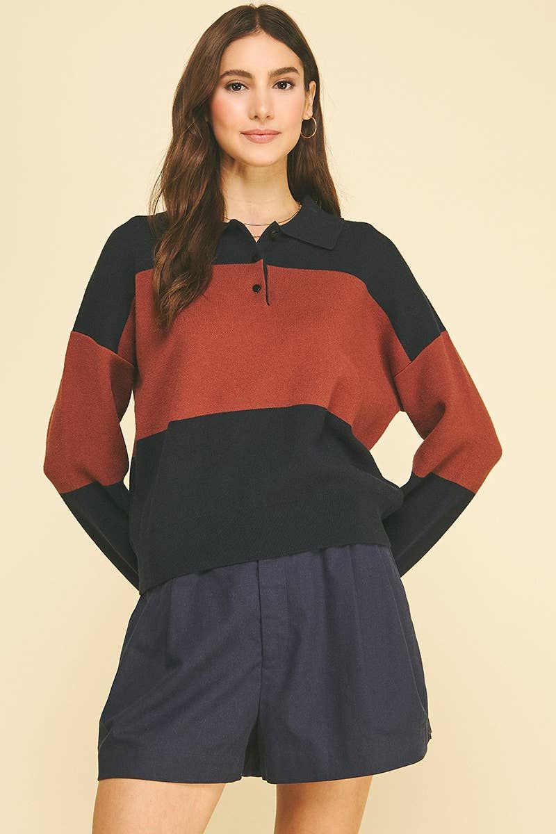 Color Block Knit Polo Sweater, Color: Navy/Rust, Size: Small