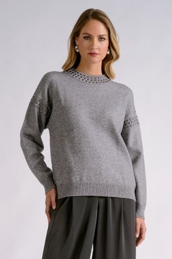 Sweater Crewneck w/Rhinestones, Colour: Grey, Size: Small