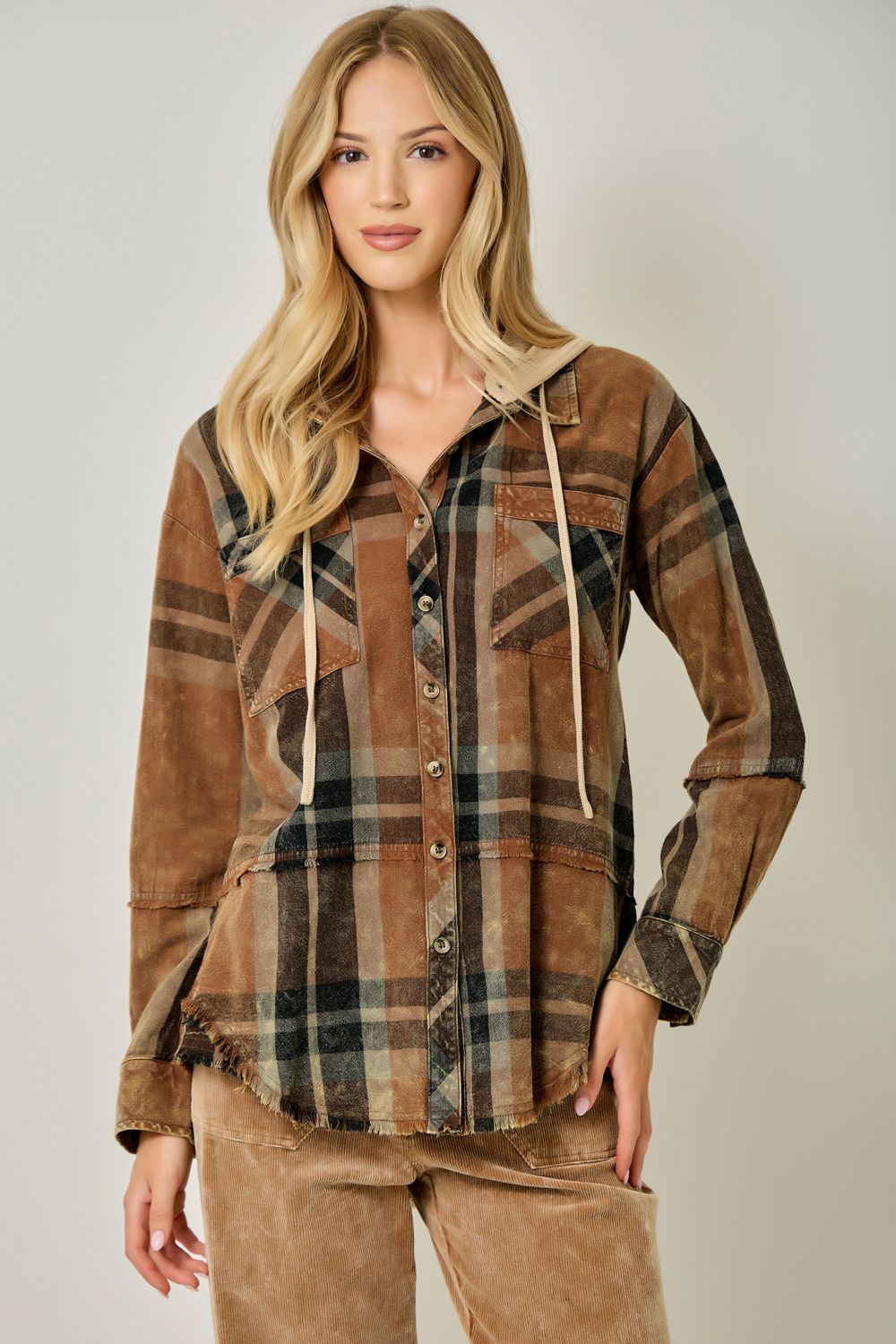 Washed Plaid Hoodie Jacket, Color: Washed Toffee, Size: Small