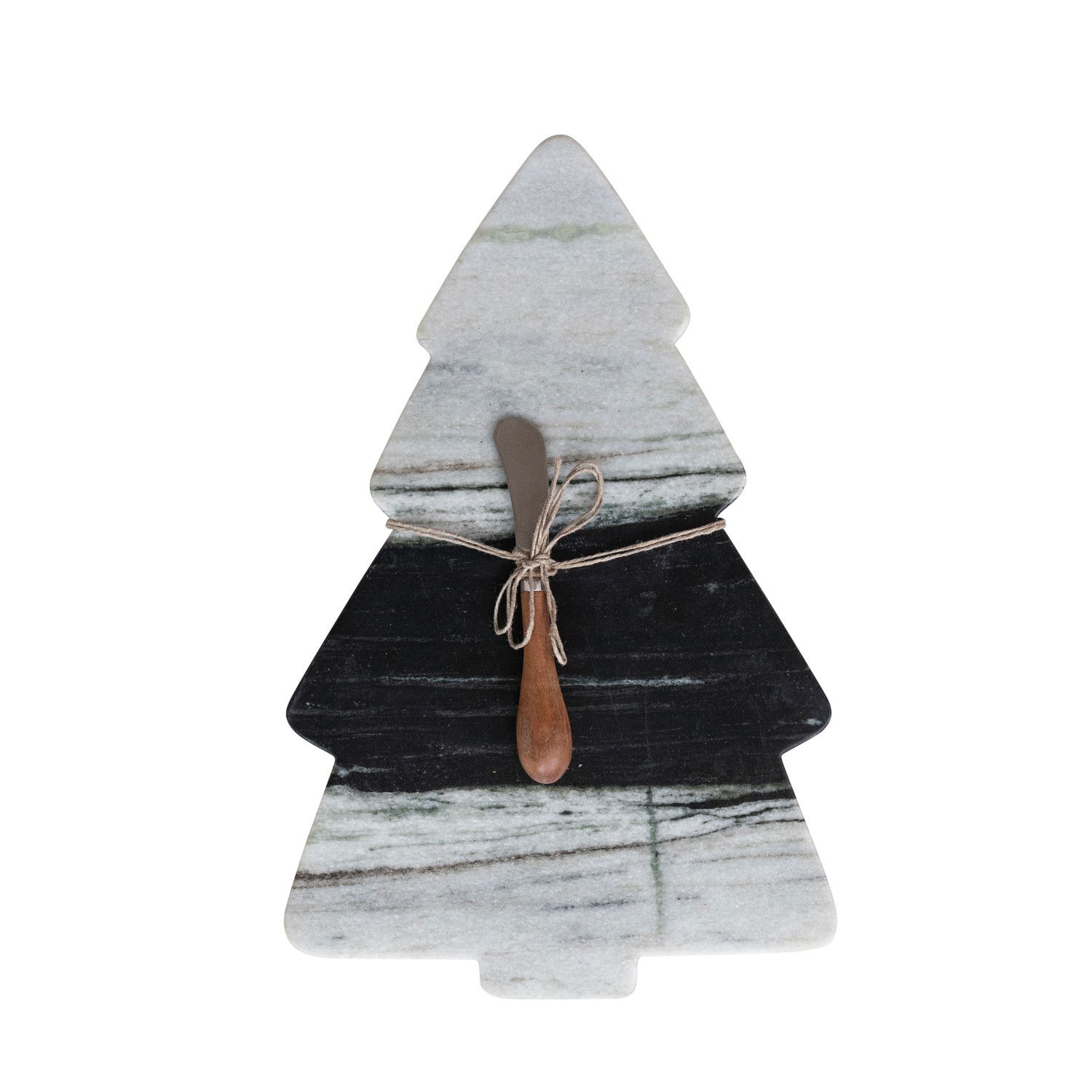 Marble Tree Shaped Serving Board w/ Canape Knife - White/Black