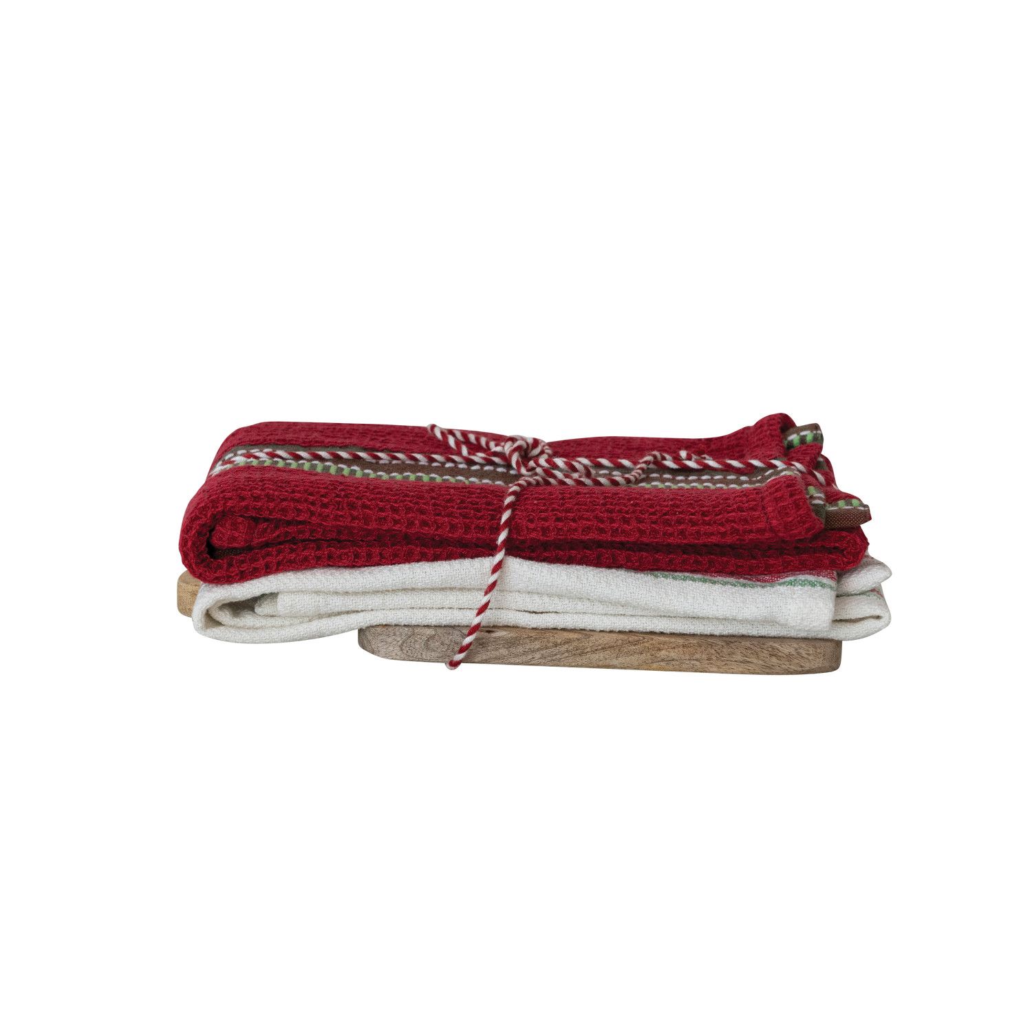 Woven Cotton Striped Tea Towels &amp; Mango Wood Serving Board - Set of 3