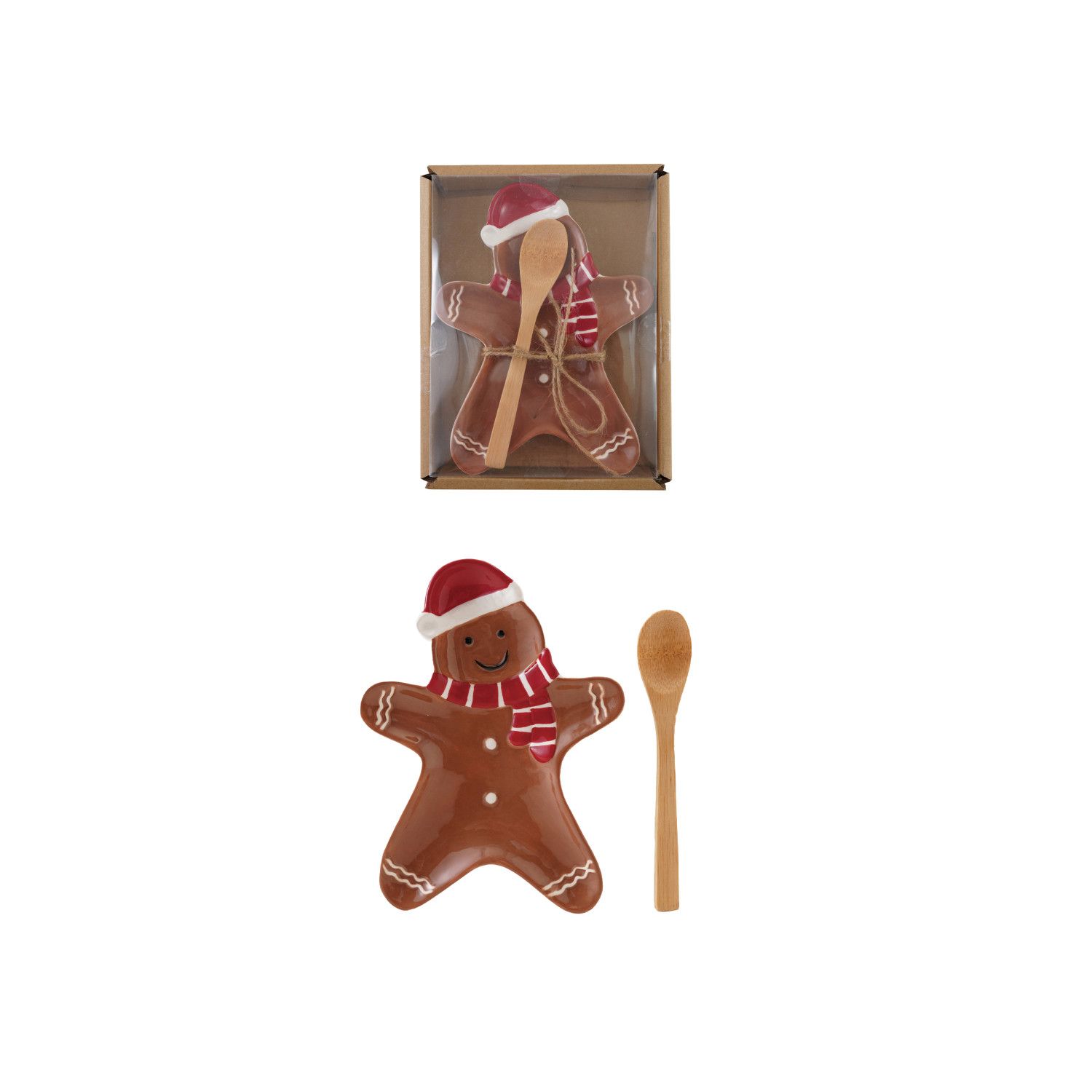 Ceramic Gingerbread Man Plate w/ Bamboo Spoon - 7.5"