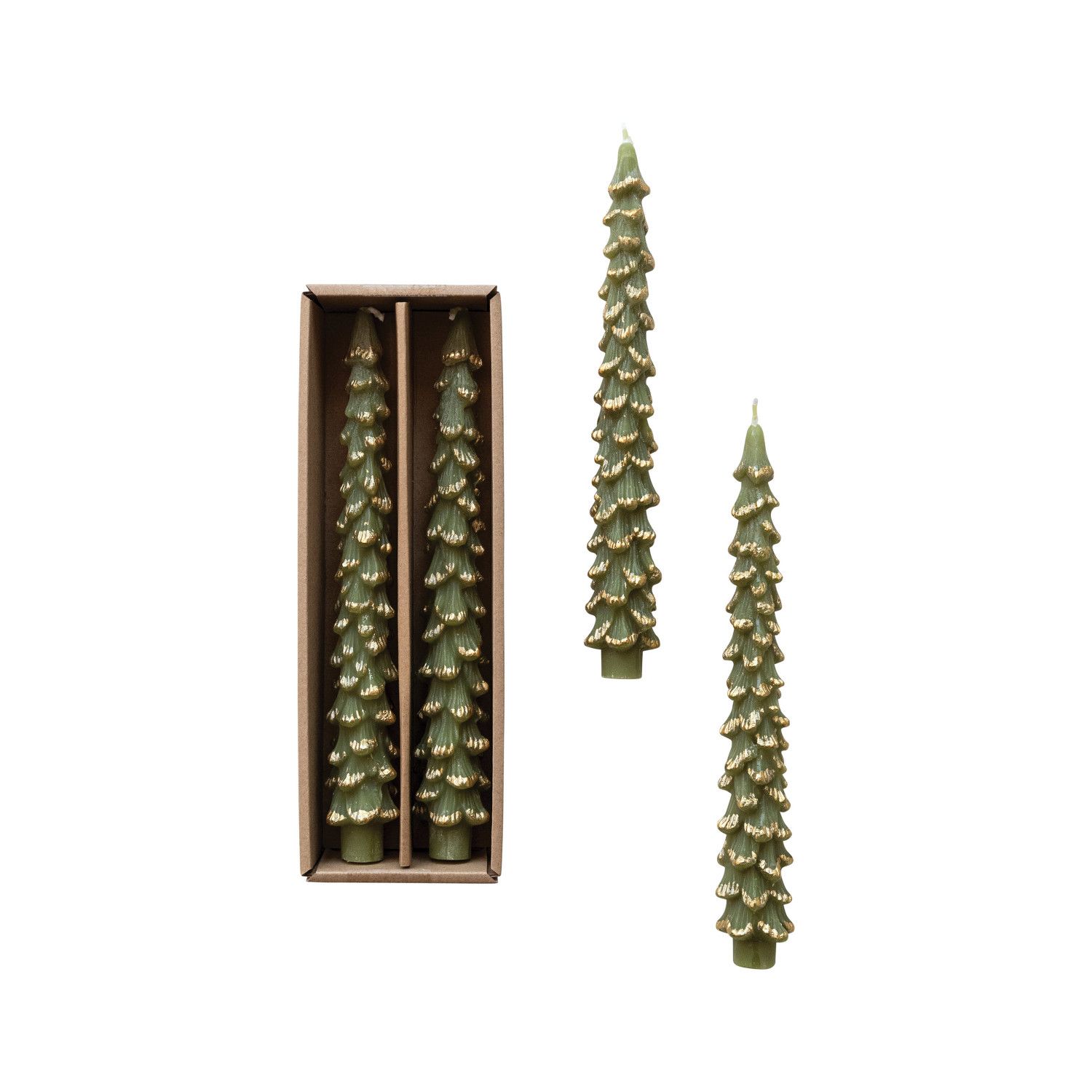 Unscented Tree Shaped Taper Candles - 10" - Green/Gold- Set of 2