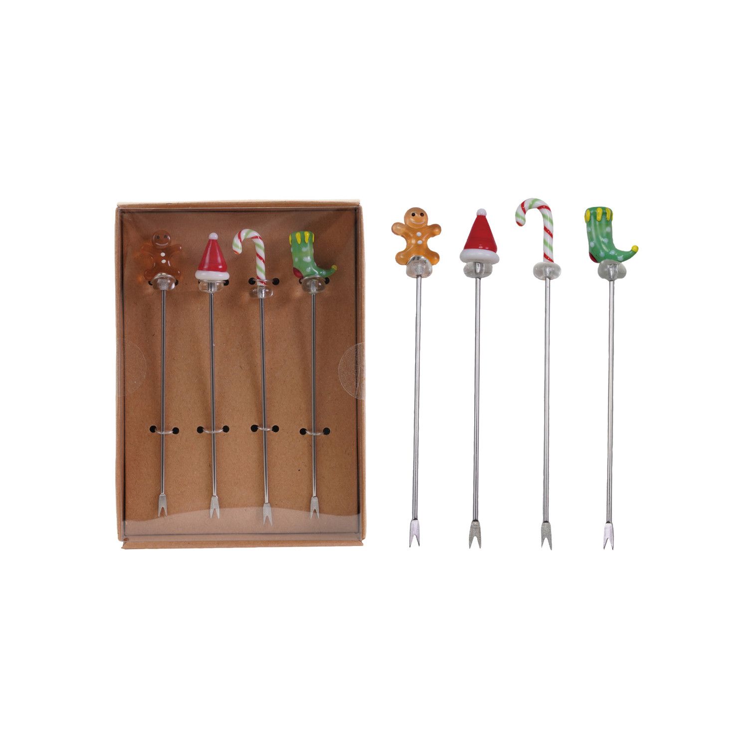 Stainless Steel Picks w/ Blown Glass Icons - Set of 4 - Gingerbread, Hat, Cane, Stocking