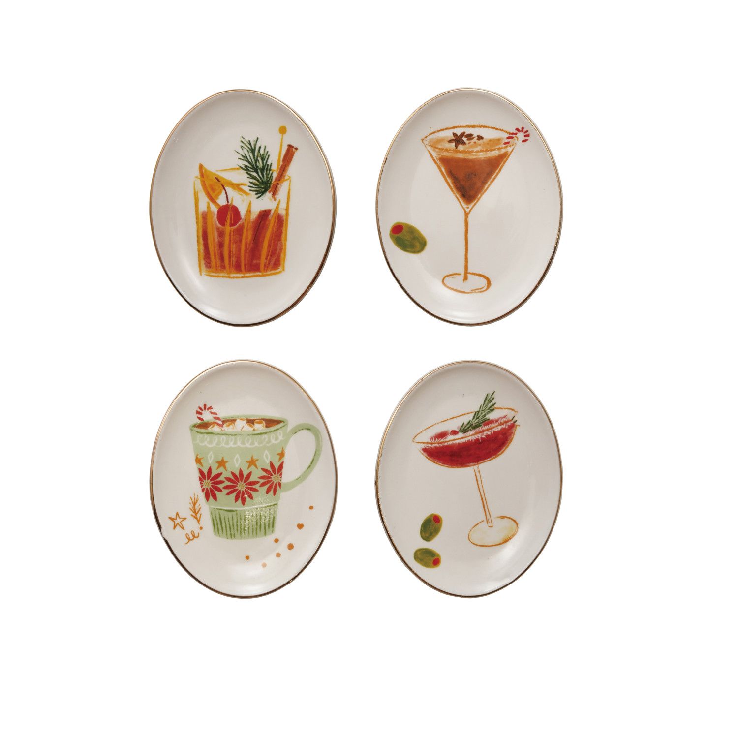 Oval Dish w/ Christmas Cocktail - 5" - 4 Styles - Sold Individually
