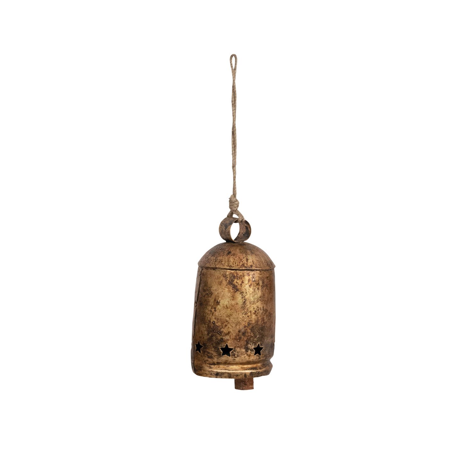 Metal Bell On Jute Rope w/ Star Cut-Outs - 8.5" - Gold