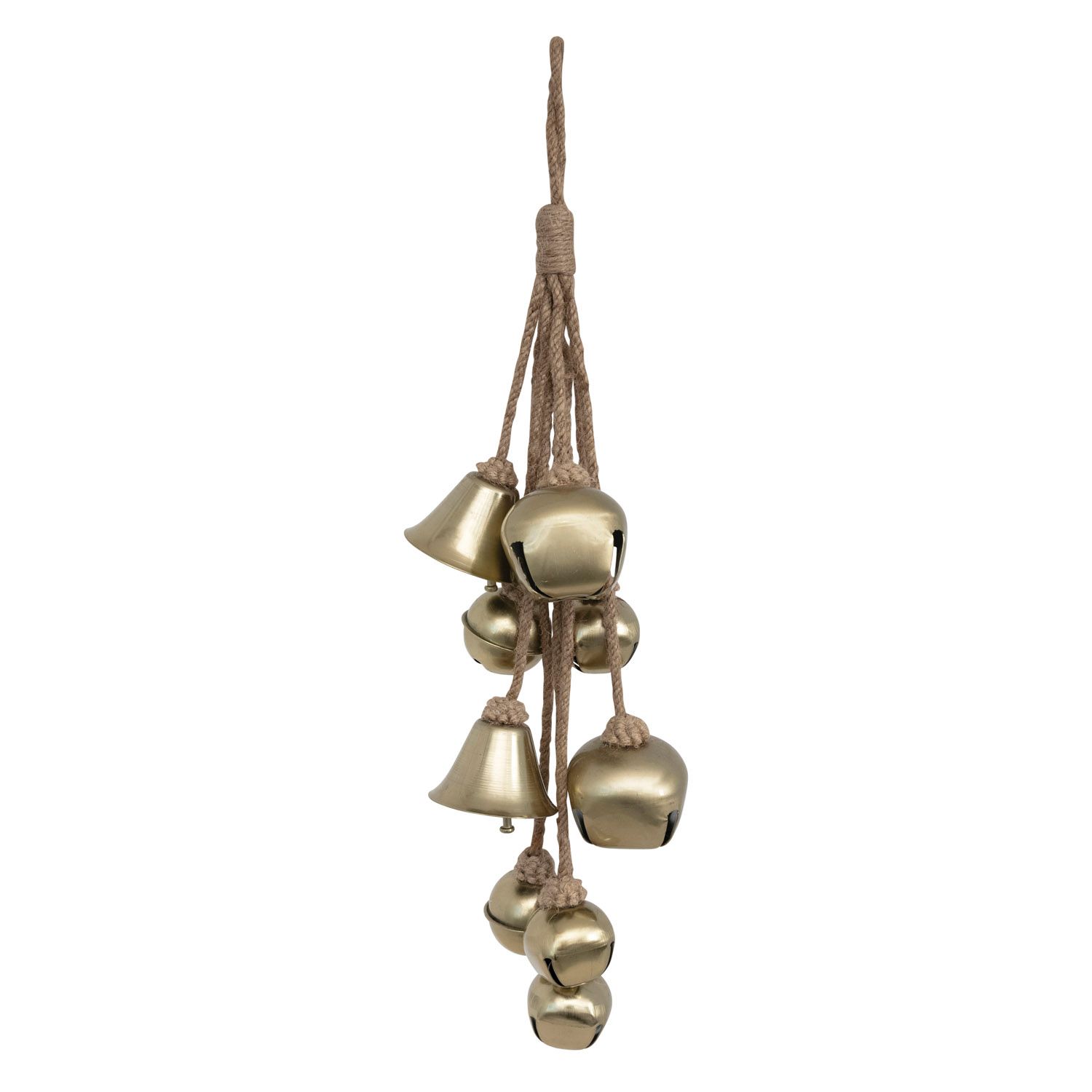 Metal Bell Cluster w/ Jute Rope - 16" - Gold