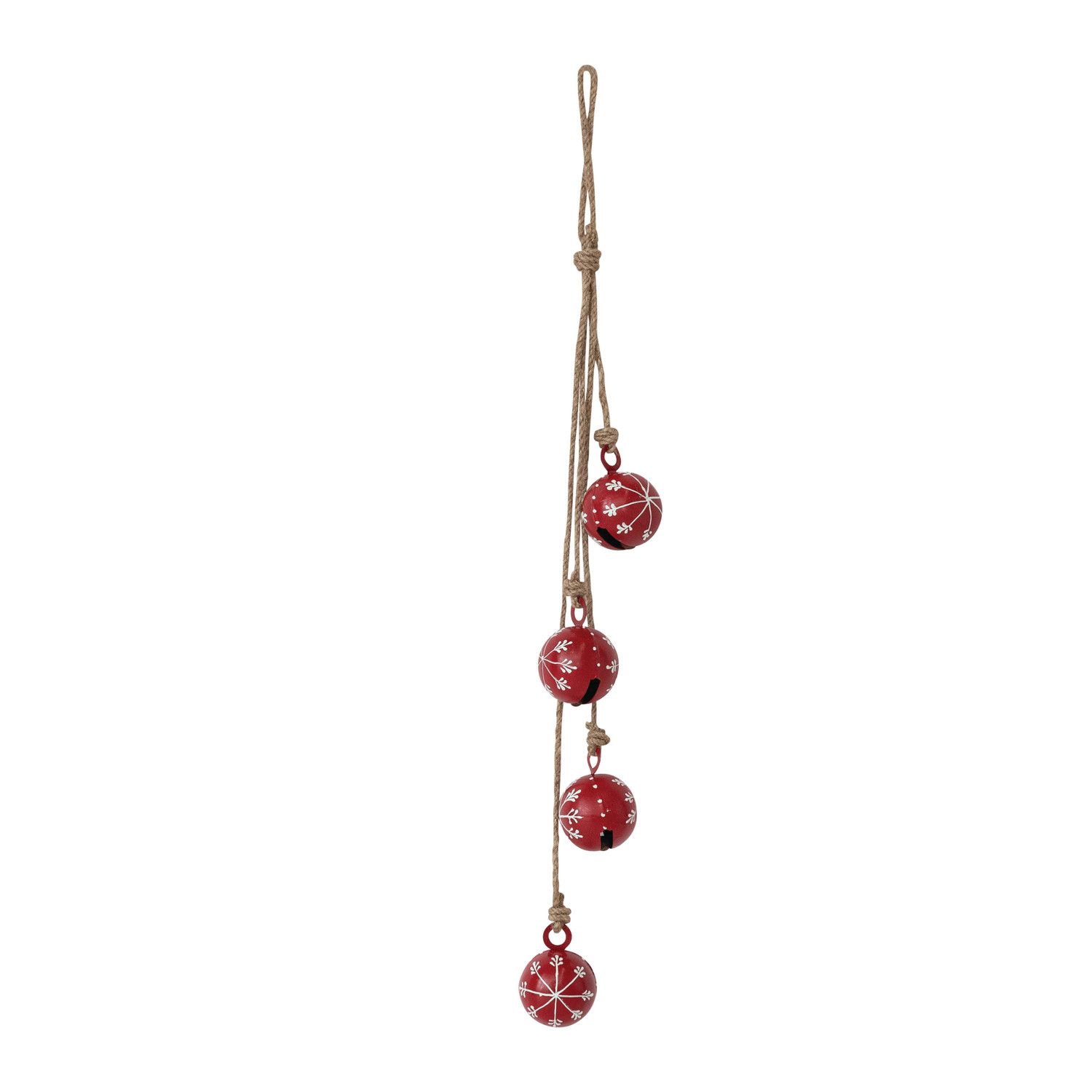 Jute Rope &amp; Metal Jingle Bells Door Hanger w/ Snowflakes - 22" - Red