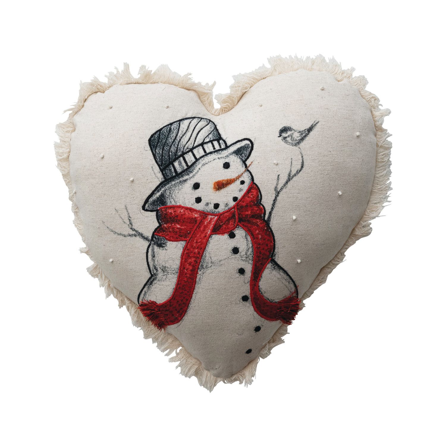 Cotton &amp; Linen Heart Shaped Pillow w/ Snowman - 16"