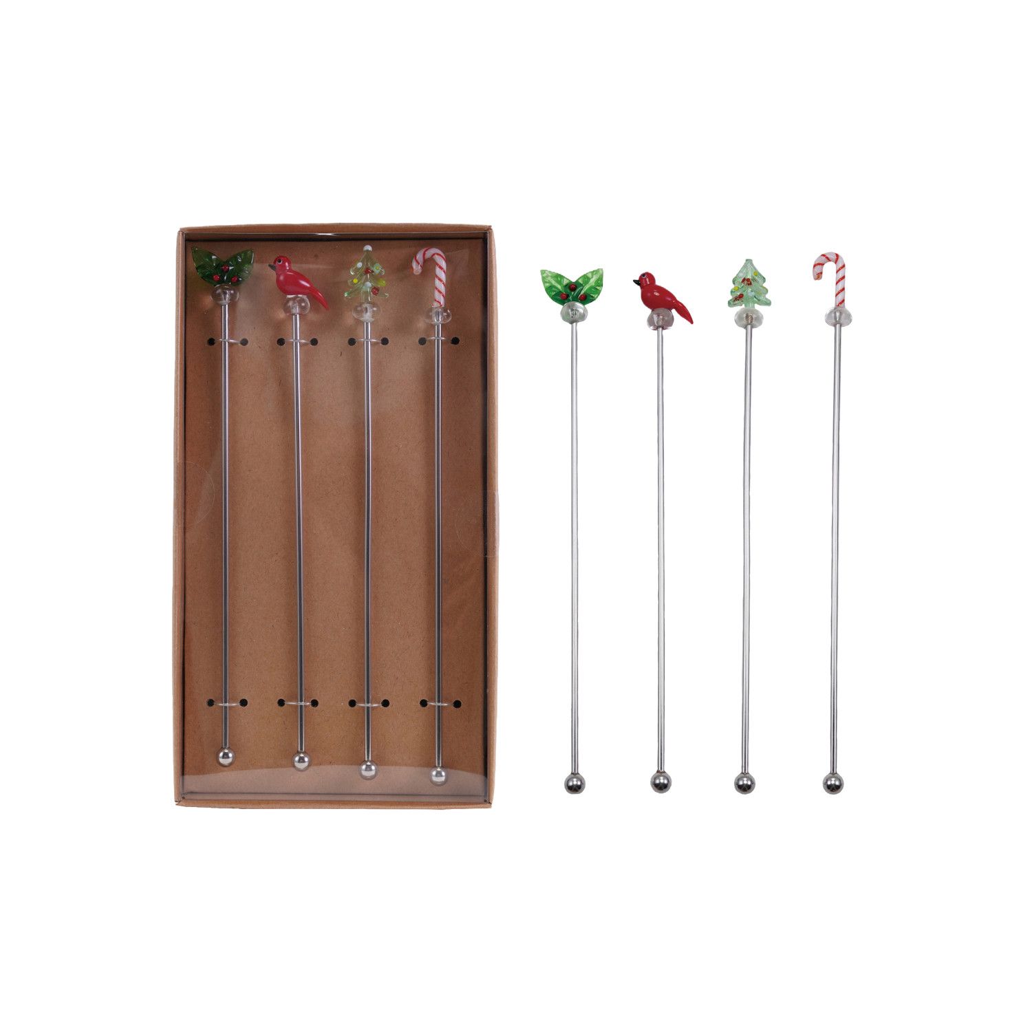 Stainless Steel Stirrers - Set of 4 - Holly, Cardinal, Tree, Cane