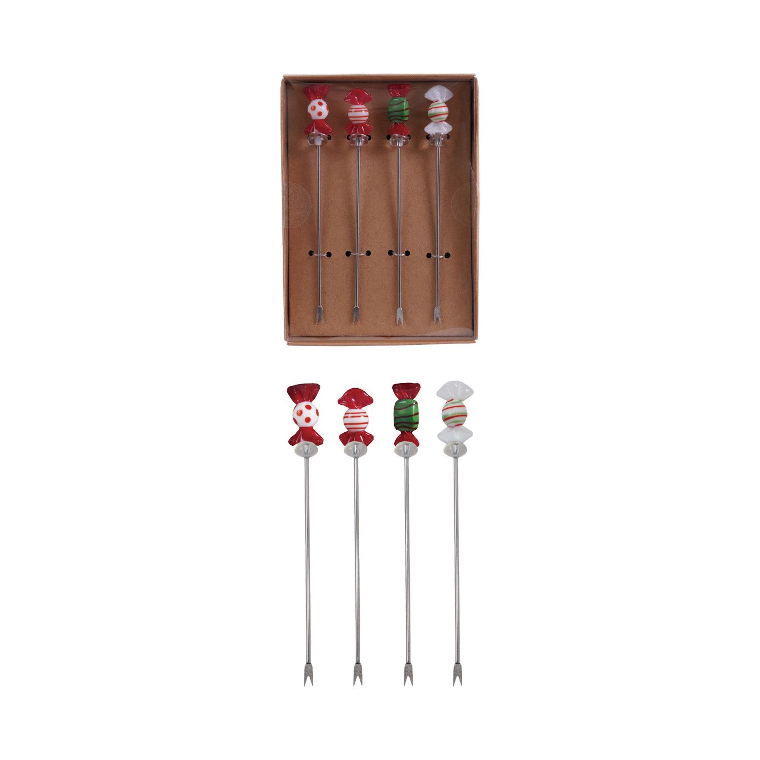 Stainless Steel Picks w/ Blown Glass Candies - Set of 4