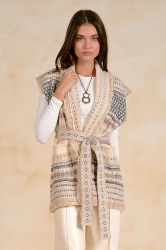Patterned Sleeveless Cardigan Vest w/ Tie, Color: Off White, Size: Small