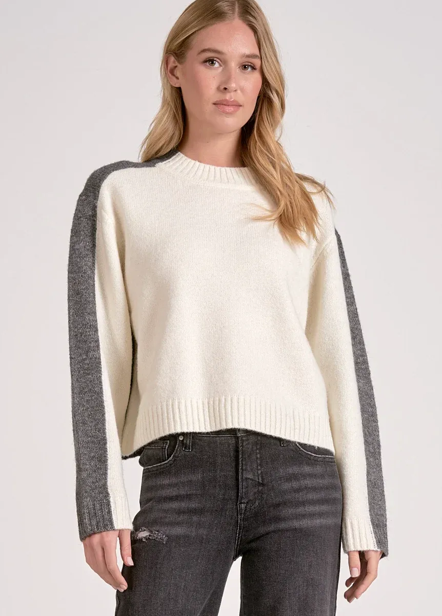 Color Block Crewneck Sweater, Color: Grey White, Size: Small