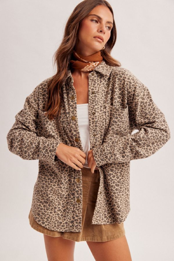 Snap Button Down Brushed Animal Print Shacket, Color: Taupe/Black, Size: Small