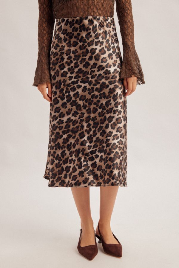 Leopard Print Midi Length Satin Skirt, Color: Ash Grey, Size: Small