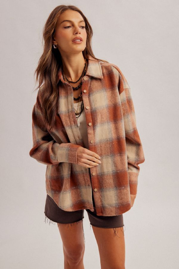 Collared Neck Lulex Plaid Flannel Shirt, Color: Brick, Size: Small
