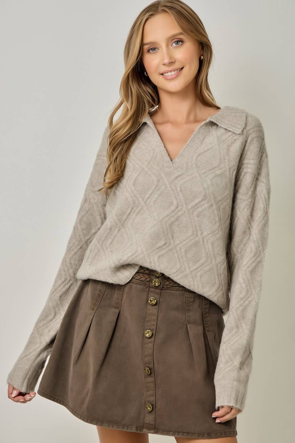 Solid Mohair Cable Diamond Textured Collared Pullover, Color: Oatmeal, Size: Small