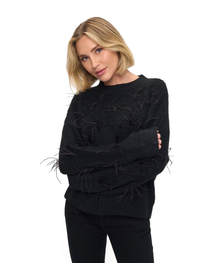 Sweater w/Feather Detail, Color: Black, Size: Small