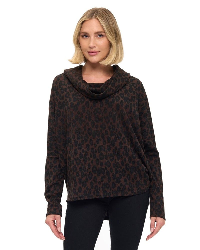 Cowl Neck Long Sleeve Top, Color: Leopard, Size: Small
