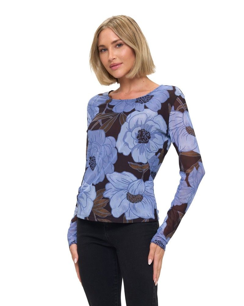Blouse Mesh Long Sleeve, Color: Floral, Size: X-Small
