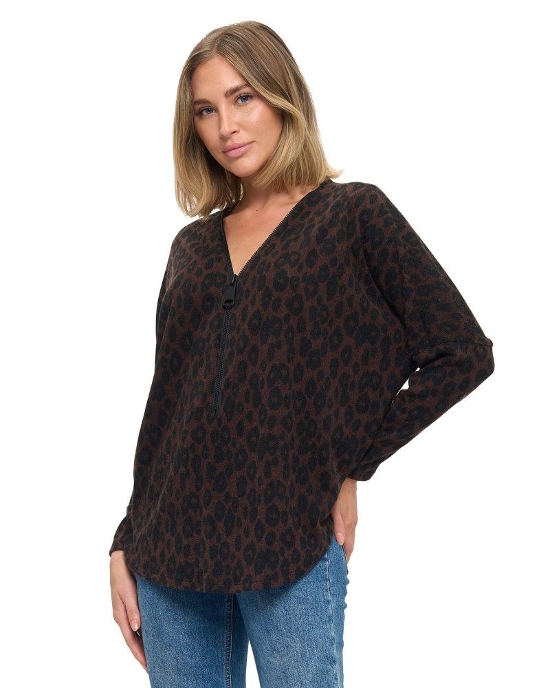 Dolman Sleeve Zipper Top - V254, Color: Leopard, Size: Small