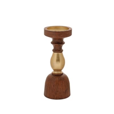 Woodgrain and Gold Candle Holder - 10", 11.5", Size: Small