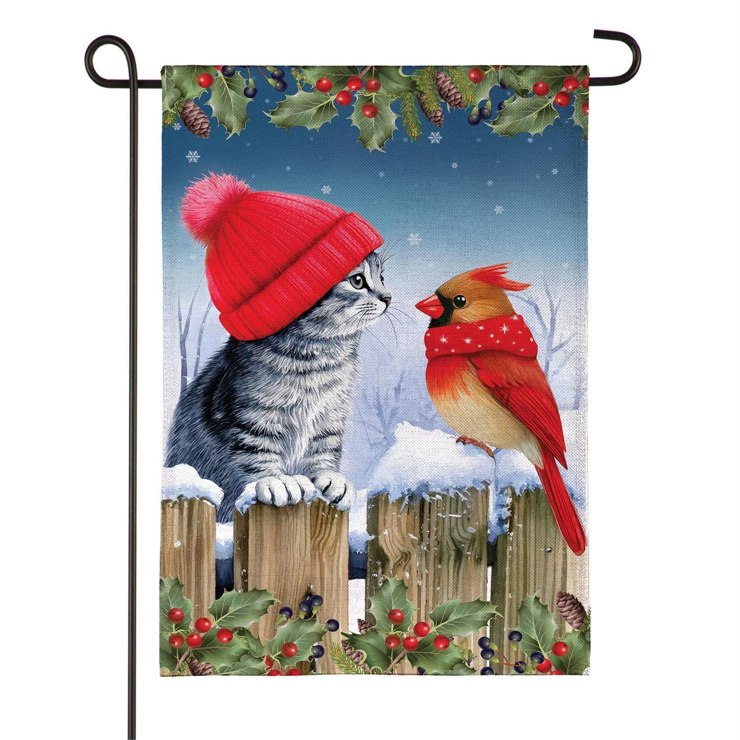 Burlap Garden Flag - Kitten &amp; Cardinal Winter Friends