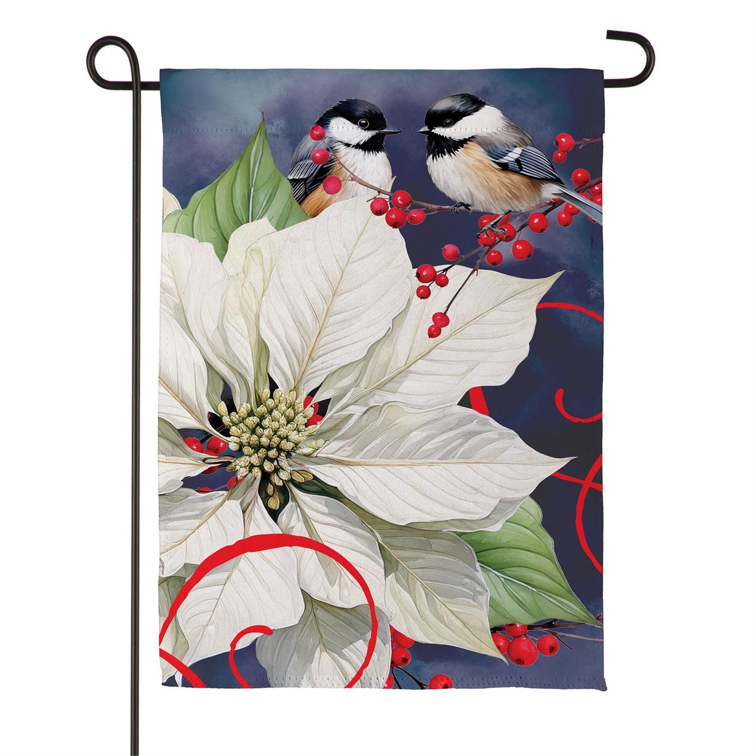 Suede Garden Flag - Chickadees w/ Poinsettia