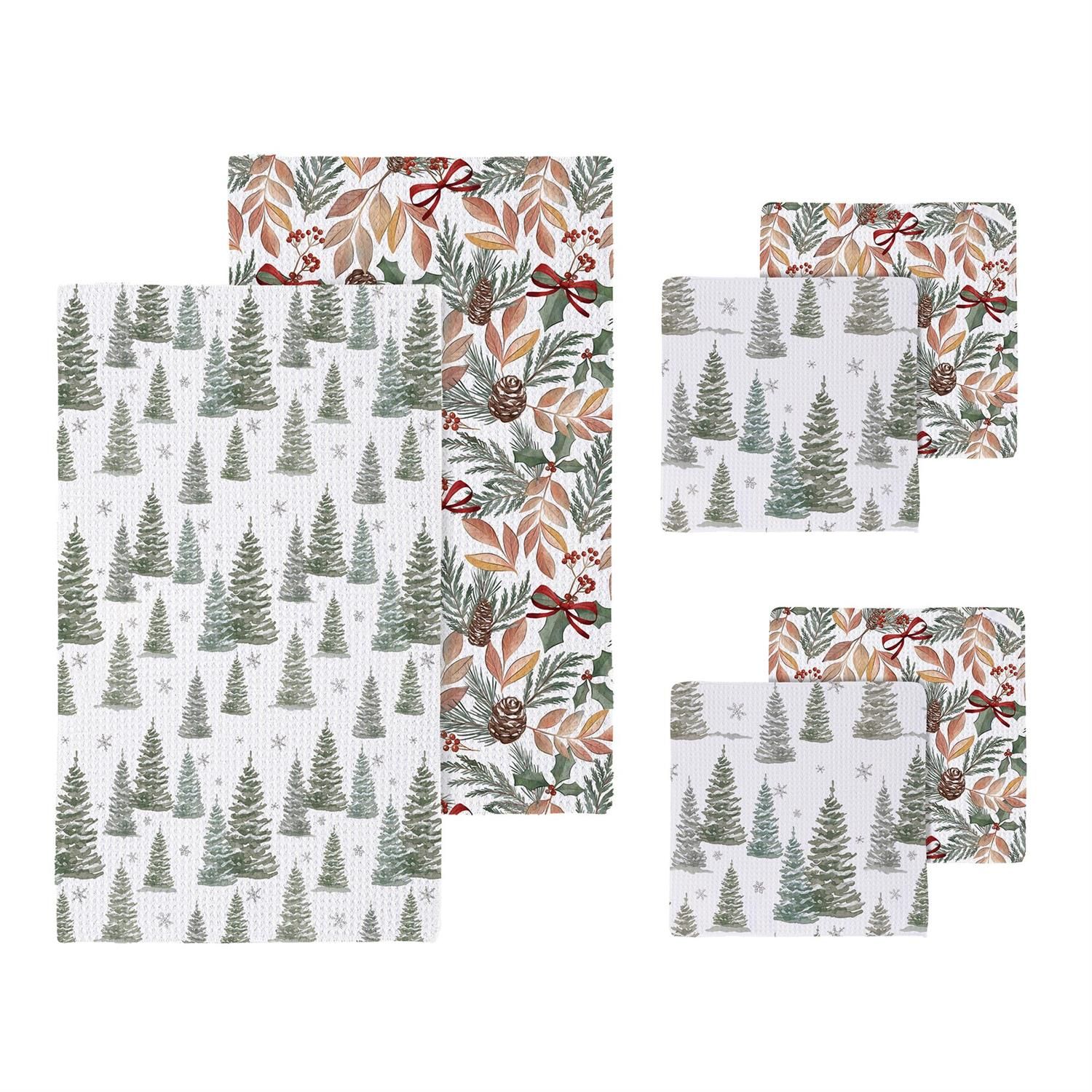 Quick Dry Kitchen Towel Gift Set - Winter Grove Foliage - 1 Towel, 2 Dishcloths