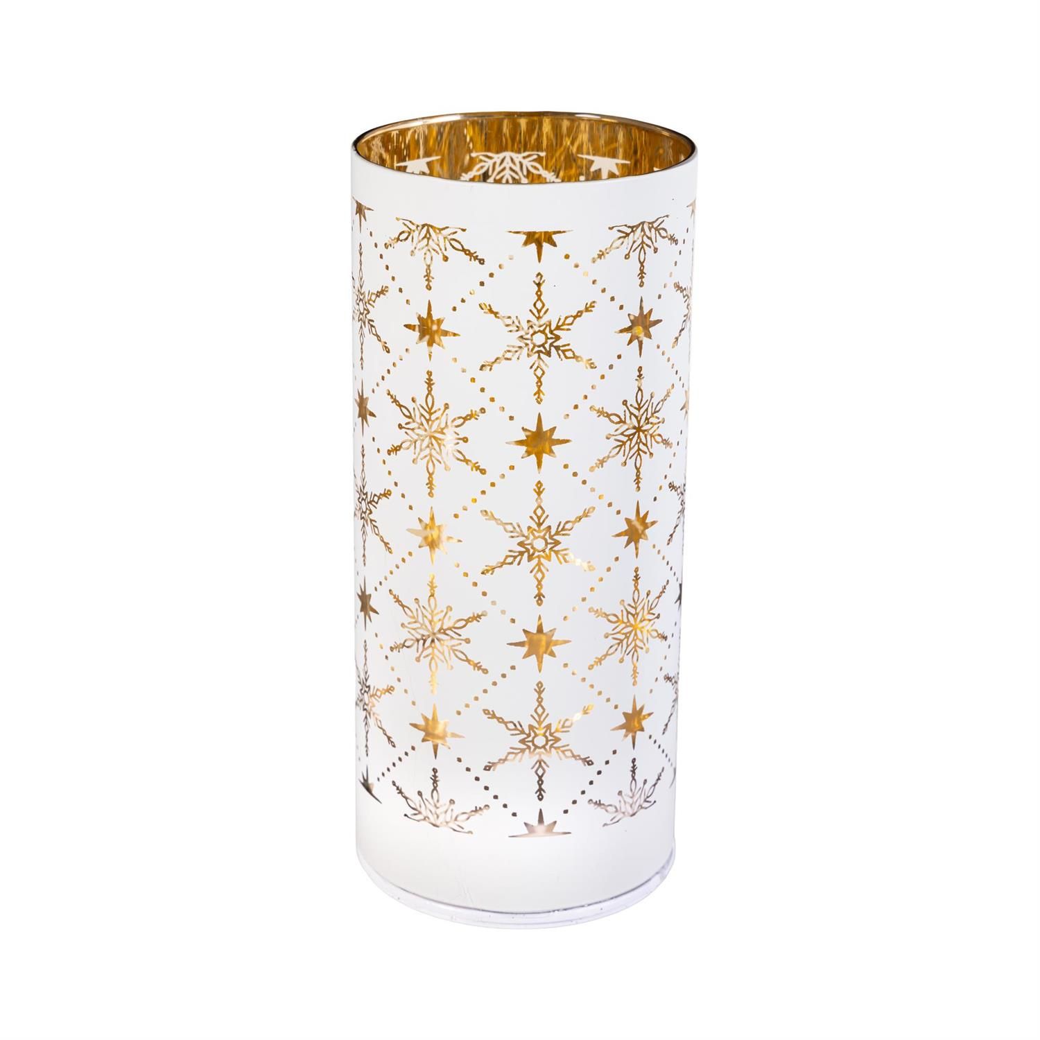 Rotating LED Vase - 8" - White/Gold Snowflakes